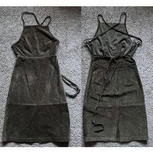 $795 Theory Lilita Suede Brown Olive Open Back Backless Suede Midi Dress size 6